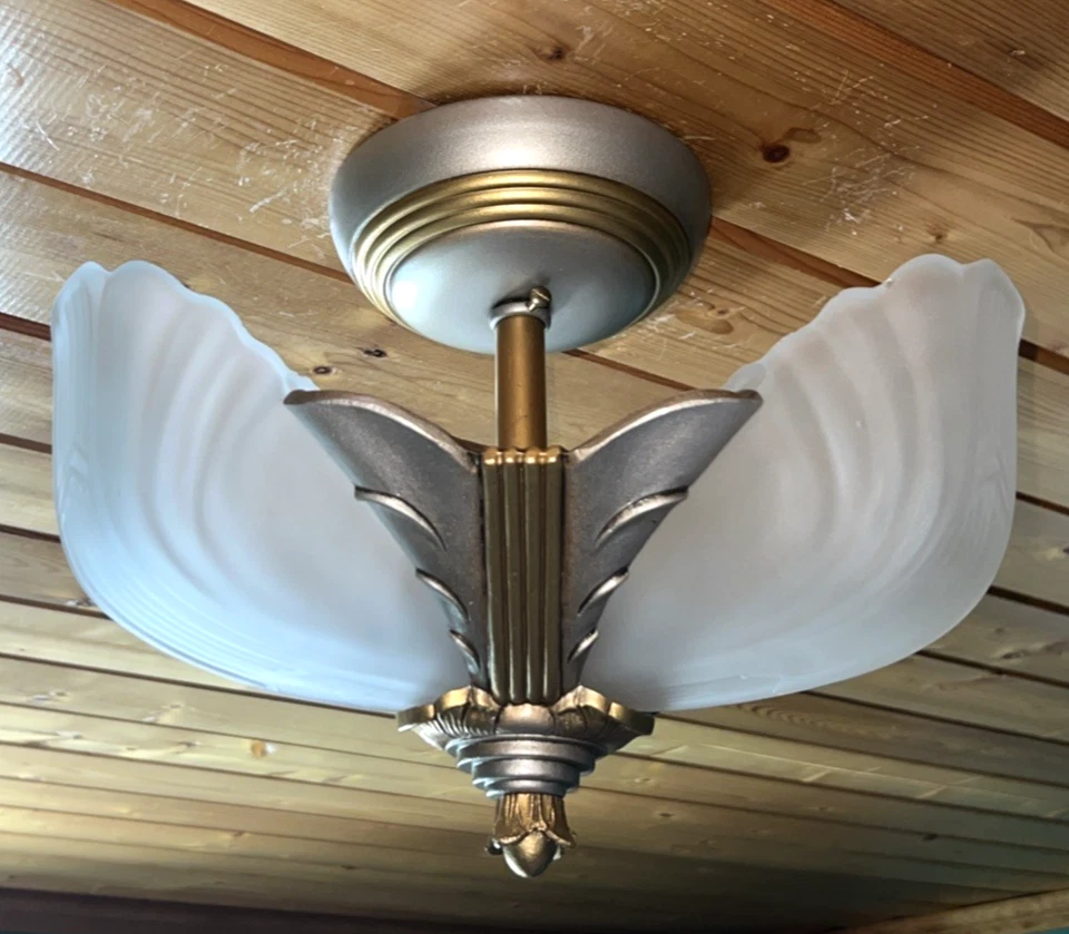 Lámpara de araña antigua Art Deco con pantalla deslizante Markel vidrio escarchado de níquel cepillado Foto 3 de 4