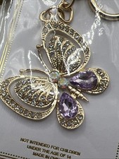 Crystal Butterfly Bag Charm Key Chain-Yellow Gold Tone Purple