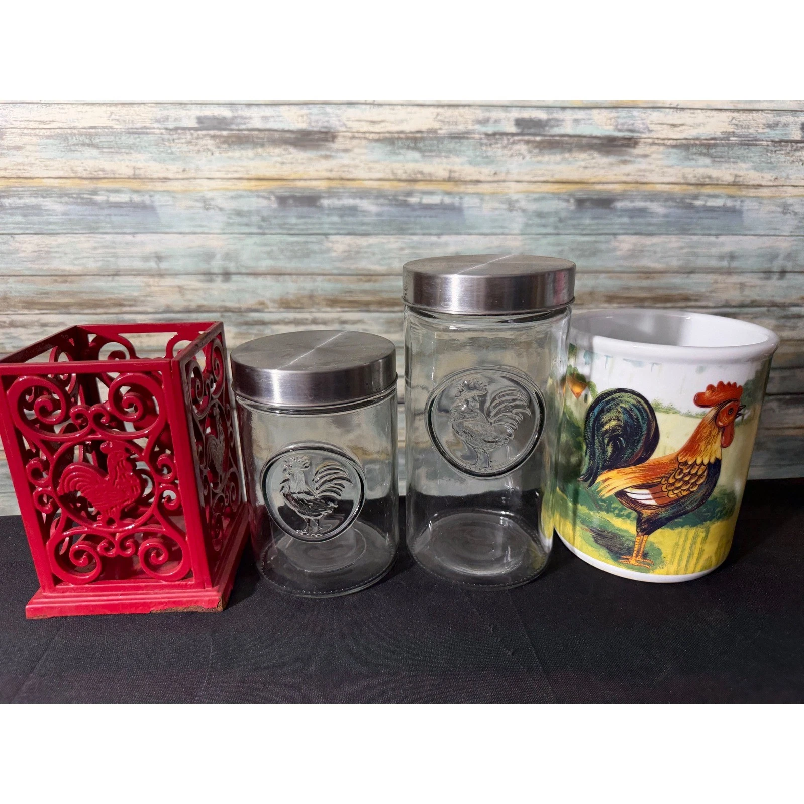 Lot of Rooster Chicken Kitchen Canister Set 4pc Multicolor EUC Farmhouse Decor