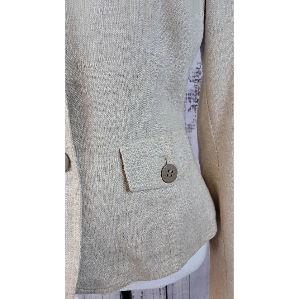 Blazer AXCESS Liz Claiborne 6 Beige Mezcla de Lino Botón Frontal Ajustado Carrera Foto 3 de 4