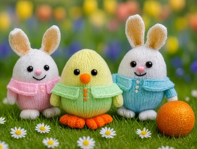 LLAMZ DESIGNS Knitting Pattern Easter Egg Bunny Rabbit & Chick Chocolate Orange Cover & Toy DK