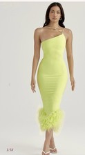 House of CB Alessia Asymmetric Feather Trim Midi Dress Green Size Large $299