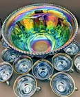 Vintage Indiana Blue Carnival Glass Punch Bowl Set Cups Hooks Grape