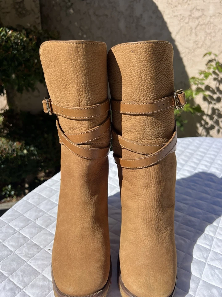 Botas Tory Burch Doradas Marrón Correa de Cuero Jamie Vicuña Gamuza Media Pantorrilla Talla 5.5 M Foto 4 de 4