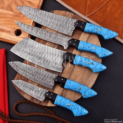 5 PCS Handmade Damascus Kitchen Sharp Chef knife Set for Meat/BBQ with Sheath