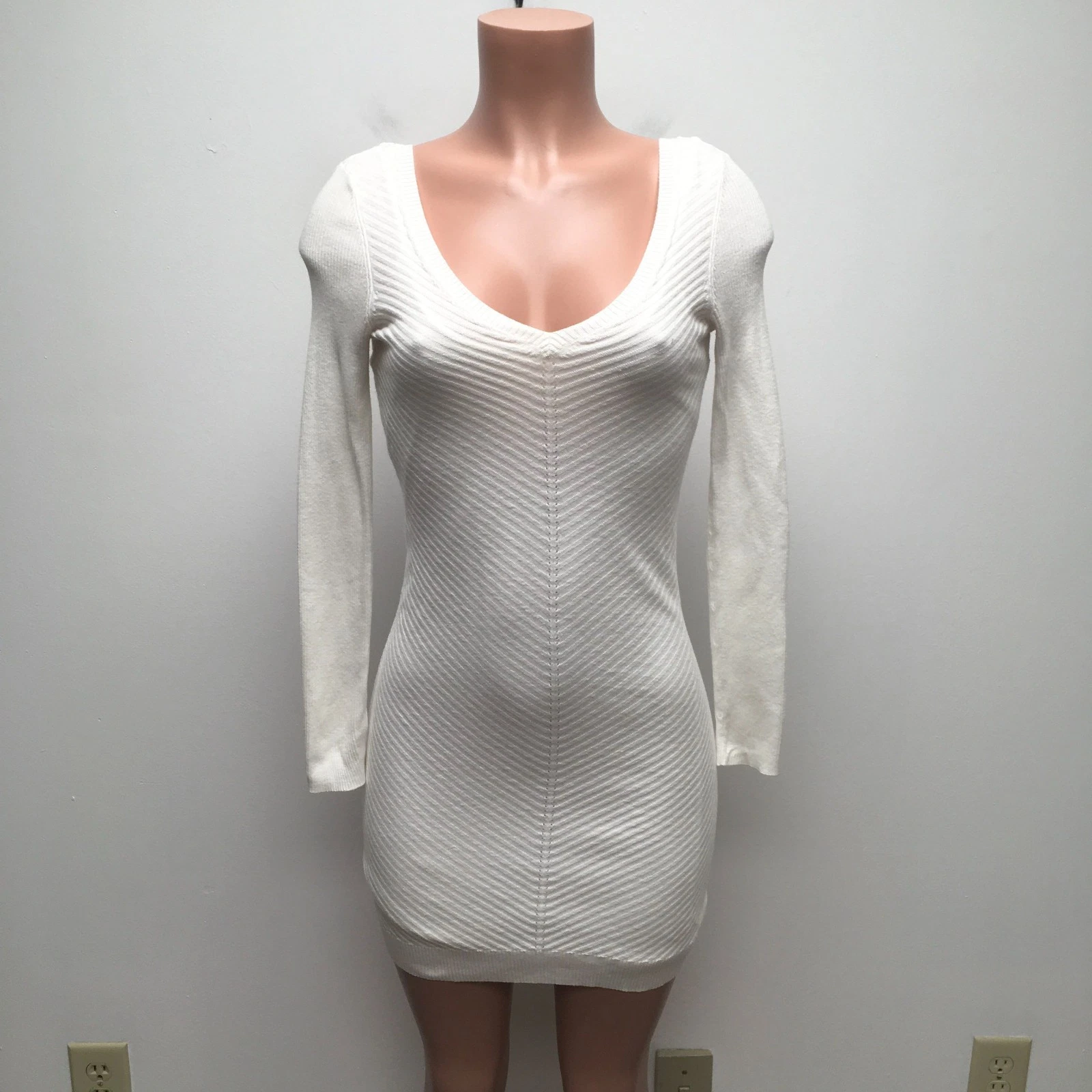 UNDERCOVER Abito maglione Victorias Secret bianco manica lunga costina cotone cashmere bodycon XS
