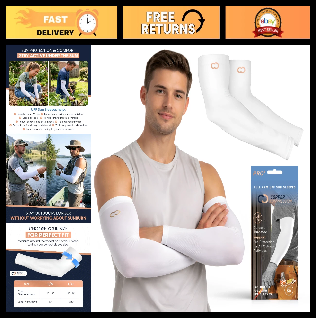 UPF 50+ UV Protection Copper Compression Full Arm Sun Sleeves for Men & Women