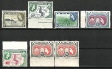 Nyasaland 1953-54 values to 20s in M/MNH, 20s is in mint marginal pair, 1s, 5s &
