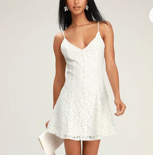 Lulus Mini Dress Medium White Easy Love Button Down Front Lace Skater Flare M