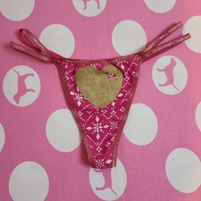 VTG VS PINK Glitter Graphic Cotton Low Rise Double String Thong Panty Size Sm