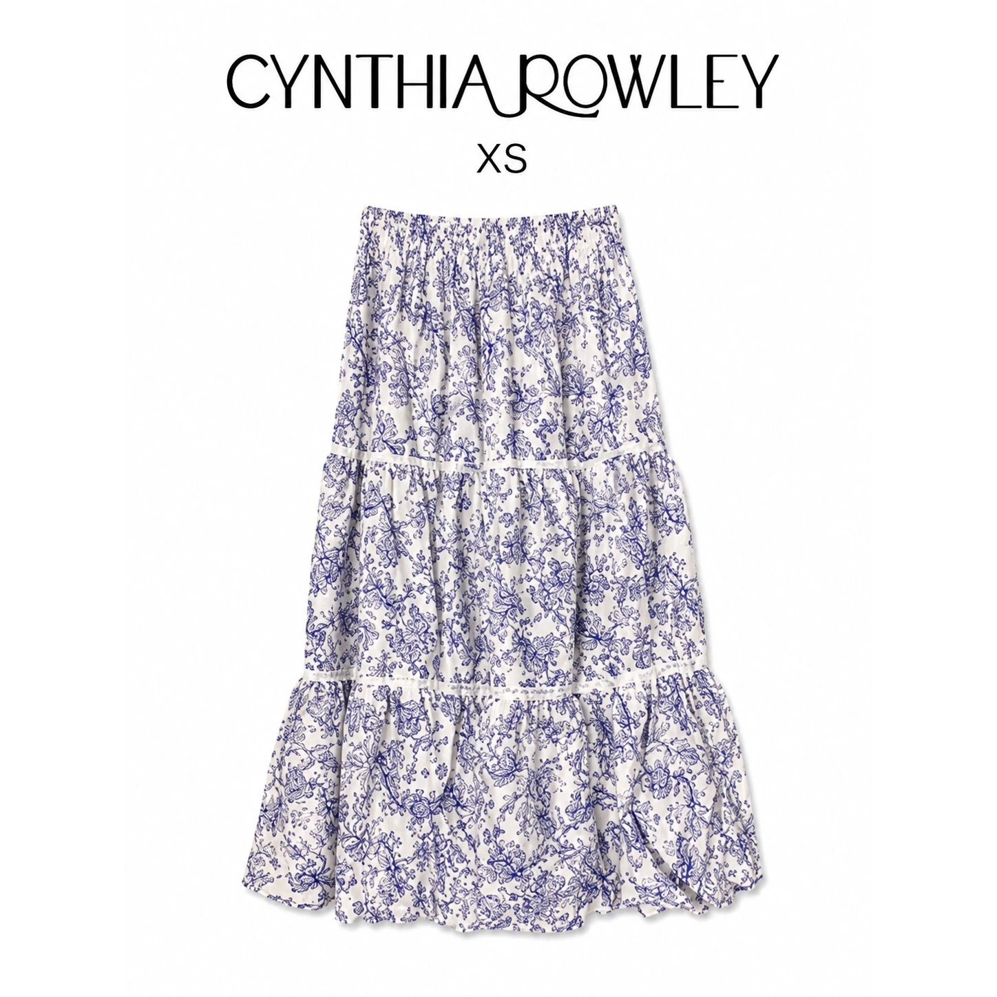 Cynthia Rowley XS Blue White Floral Tiered Maxi Skirt Linen Blend Boho Cottage