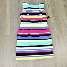 Tahari Womens Size 4P Pink Blue Striped Linen Blend Sleeveless Sheath Zip Dress