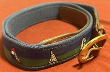 NEW Men's Preppy Blue Nautical Sailboat Motif Canvas Brown Leather Belt Brass