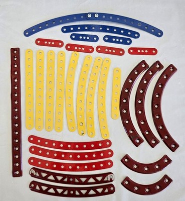 Gilbert Erector Meccano Steel 29 Red Blue Strips. Straight & Curved  LOOK