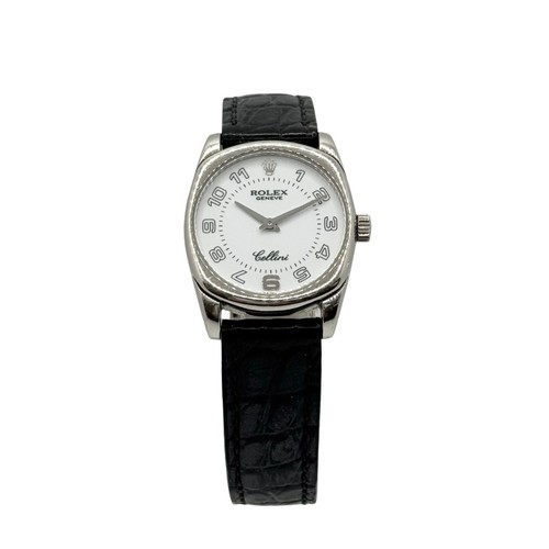 Rolex Cellini Danaos 25MM 18K White Gold  White Dial Black Leather Strap 6229/9