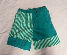 Vintage 80&rsquo;s Beach Scene Boys Striped Cotton Board Shorts Drawstring 14