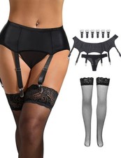 Garter Belt and Thigh Highs Set Garter Lingerie Set with 6 Strap Metal Clip G...