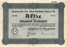 Pennrich-Huy AG, Bingen, akcje, 1000 RM, 1938 - rzadkie!