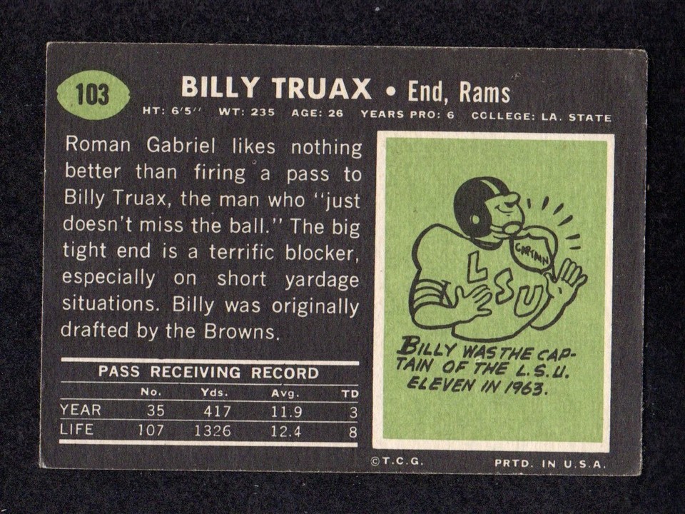 1969 Topps 103 Billy Truax Los Angeles Rams Football ROOKIE Card EX eBay