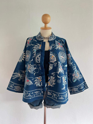 Women's Blouse Chines Style Tribe Indigo-dyed Hand Writing Candle Cotton Size50''