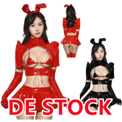 DE ranrann Damen Dessous Set Lackleder CropTop+Bra+Minirock+Haarband Clubwear - Bild 1 von 4