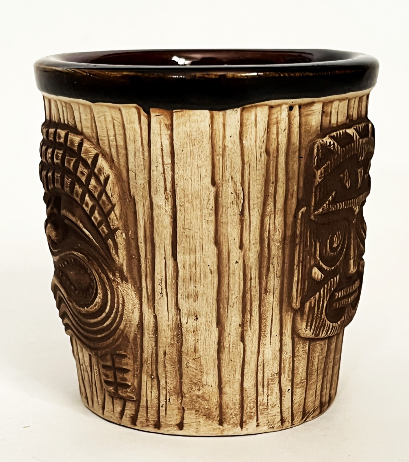 VTG 3 FACES BROWN TIKI MASK PLANTER BUCKET MUG CUP ISLANDS PHOENIX AZ OMC JAPAN