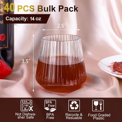40 Pack Plastic Ribbed Wine Glasses, 14Oz Origami Disposable Wine Glasses  Unb... | eBay
