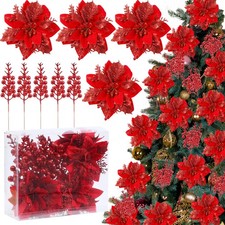 24 Pcs Christmas Glitter Poinsettia Flowers Artificial Berry Picks Christmas ...