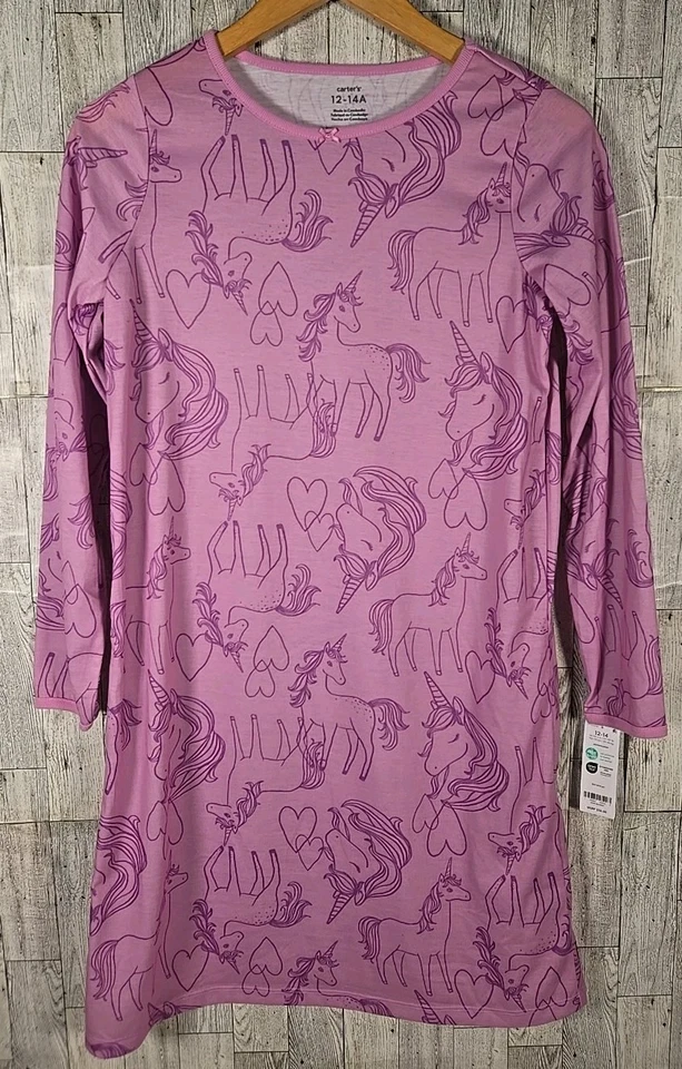 Camisón Carter's 12-14 Niñas Unicornio y Estrellas Patrón Manga Larga 2pk NUEVO Foto 2 de 4