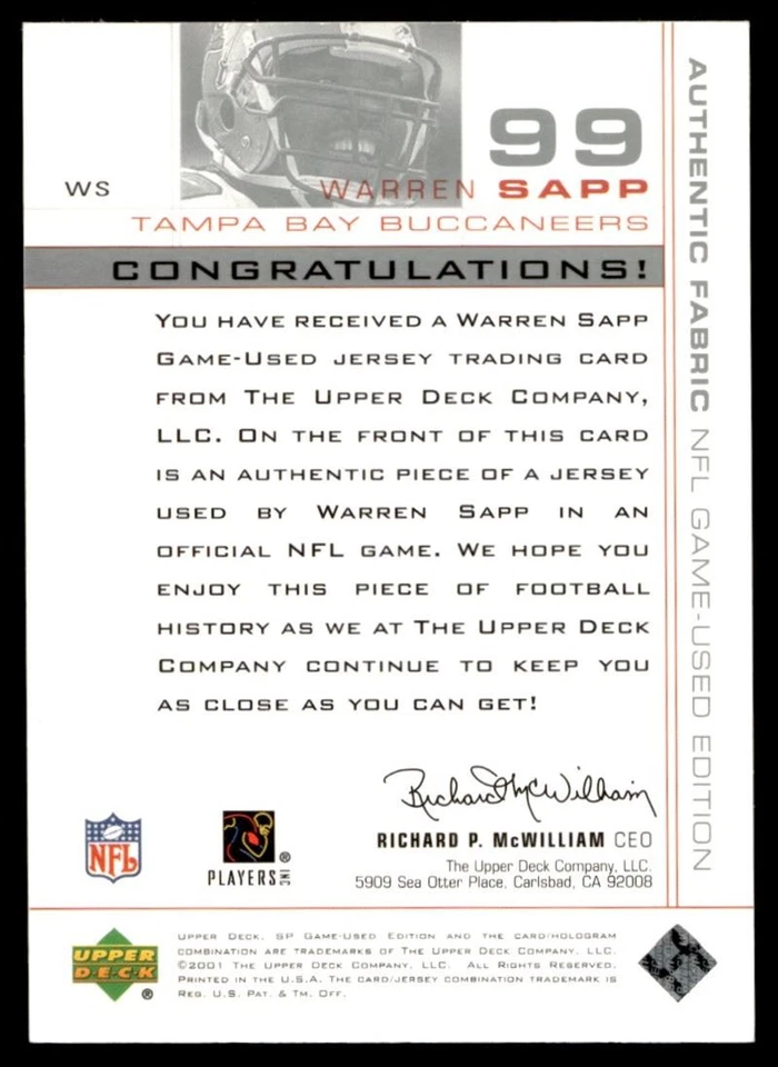 2001 SP Game Used Edition Warren Sapp Patch Buccaneers #WS A6 - Image 2 of 2