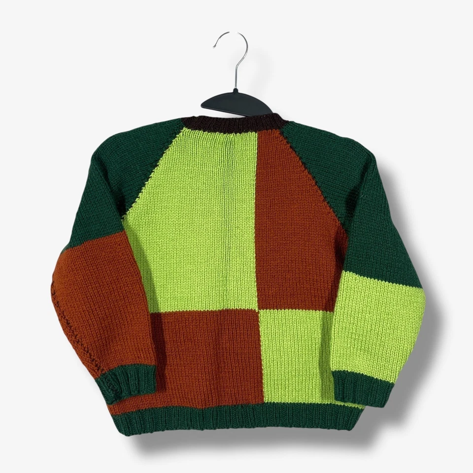 Cardigã suéter vintage feito à mão malha juvenil XL colorblock botões animais - Imagem 3 de 4