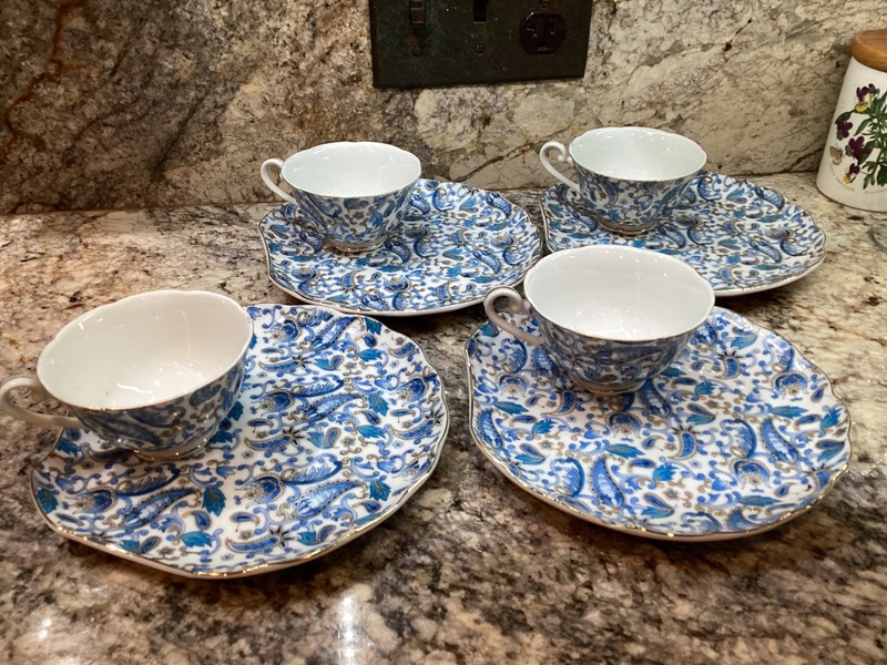 Vintage Lefton Blue Paisley Snack Plate & Cup Sets   4 for One Price!