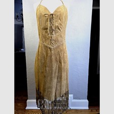 90s Vintage Cripple Creek Western Suede Halter Bead Fringe Lacing Dress Size S