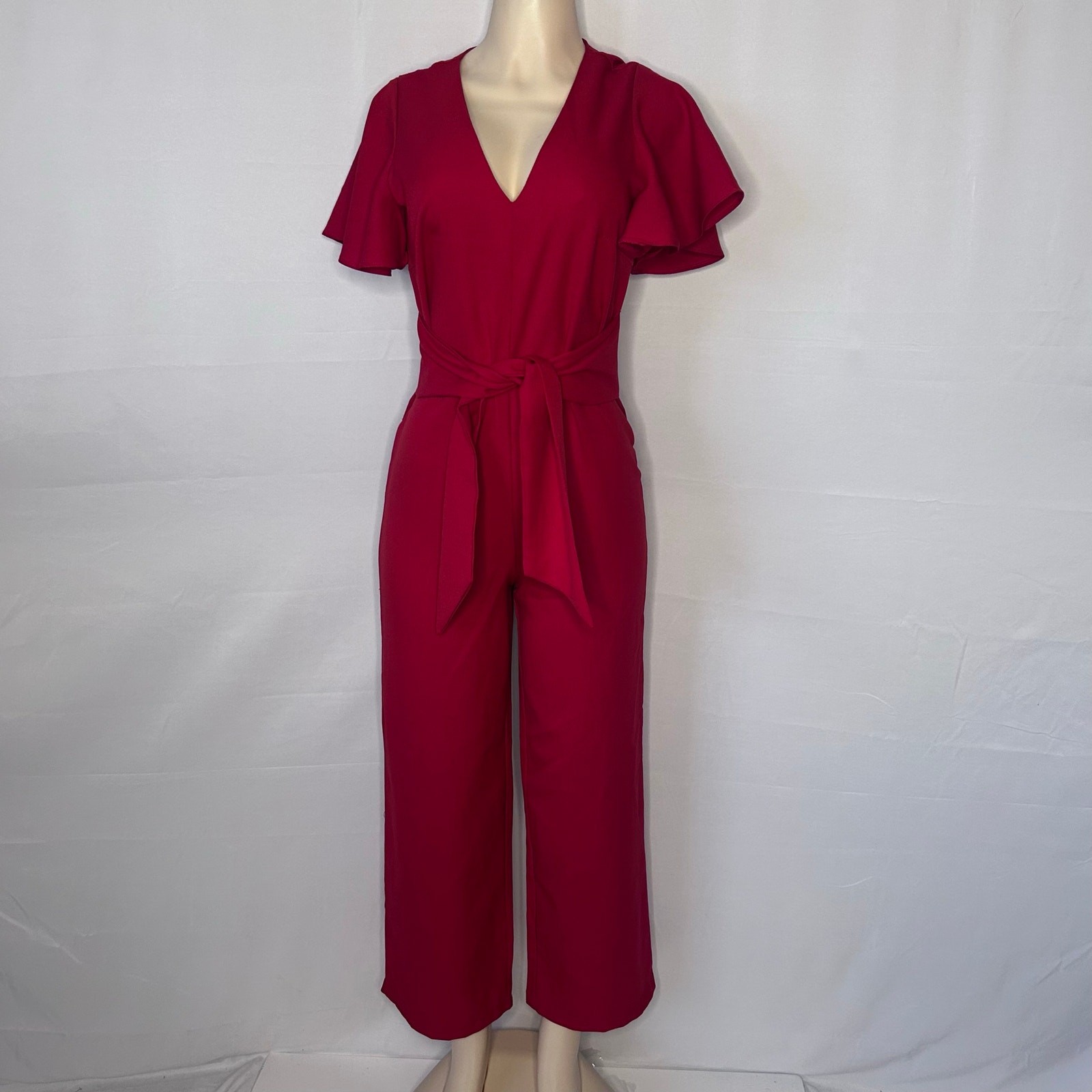 Favlux Red Wide Leg Jumpsuit Flutter Sleeve V Neck Tie Waist Small