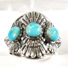 925 STERLING SILVER ETCHED DESIGNS 3 STONES TURQUOISE SIZE 6 RING 4.7g
