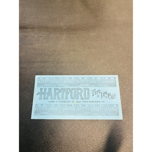 Vintage 1894 Hartford Fire Insurance Co Calendar Card James P Cleveland Vermont