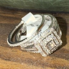 White Gold Diamond Princess Cluster Engagement Wedding Ring Set Size 7