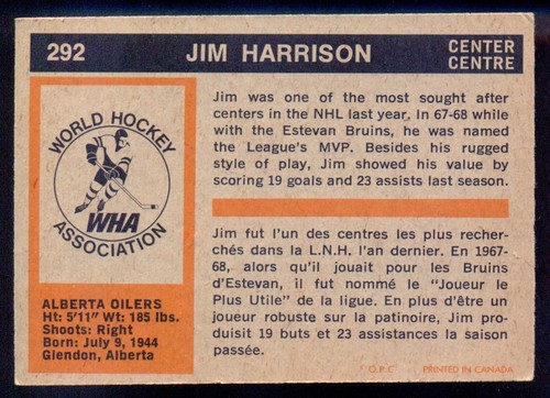 1972 73 OPC O PEE CHEE WHA #292 JIM HARRISON EX-NM ALBERTA Edmonton Oilers - Picture 2 of 2