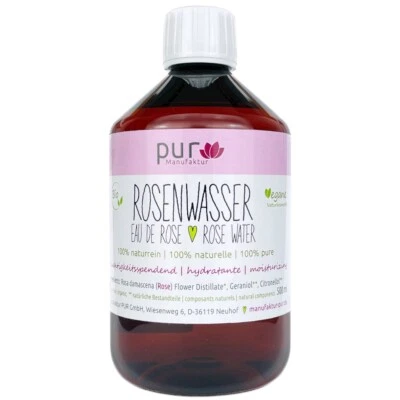 PUR MANUFAKTUR 500 ml Rosenwasser bio 100% naturreines Rosen-Hydrolat in PET-Flasche
