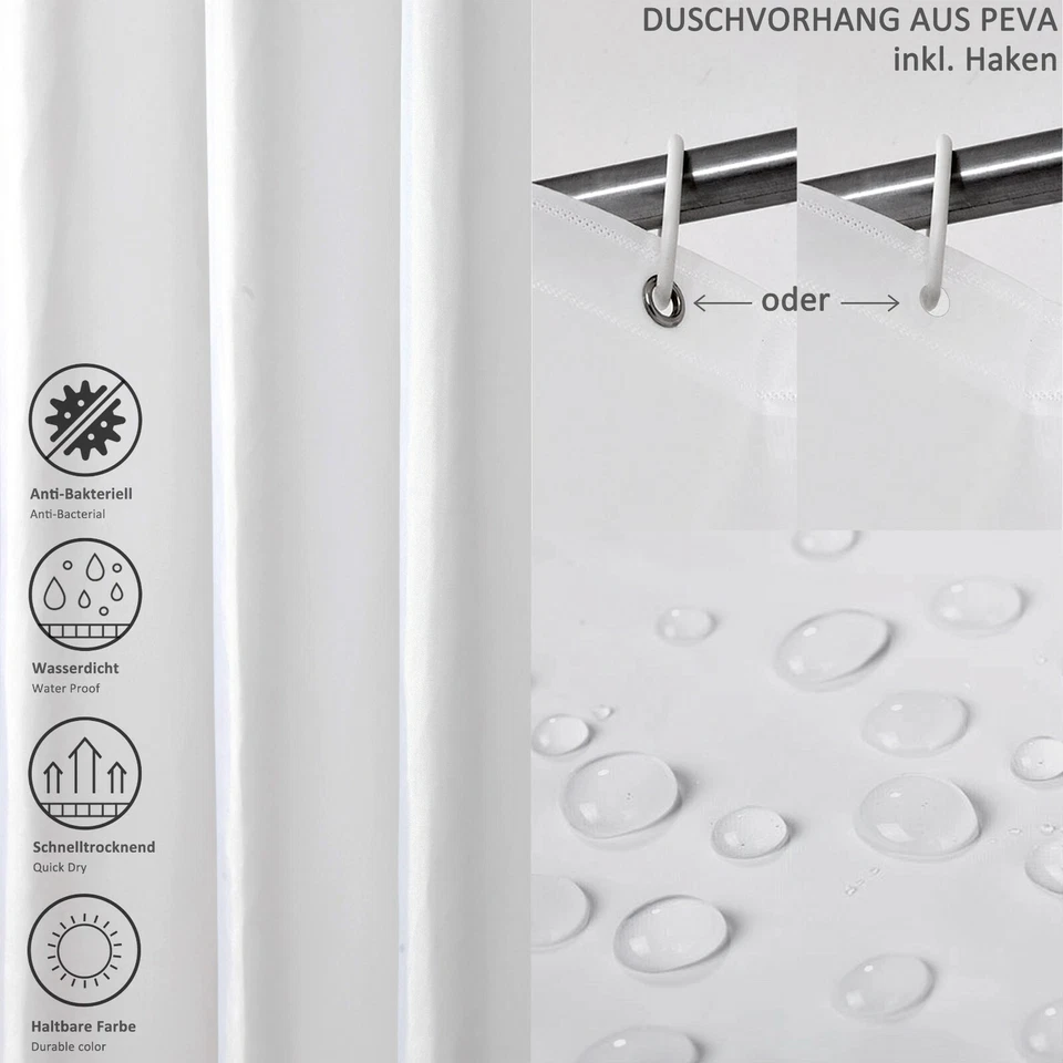 Duschvorhang Polyester Textil / PEVA 180x200 cm Badewannen Vorhang inkl. Haken - Bild 3 von 4