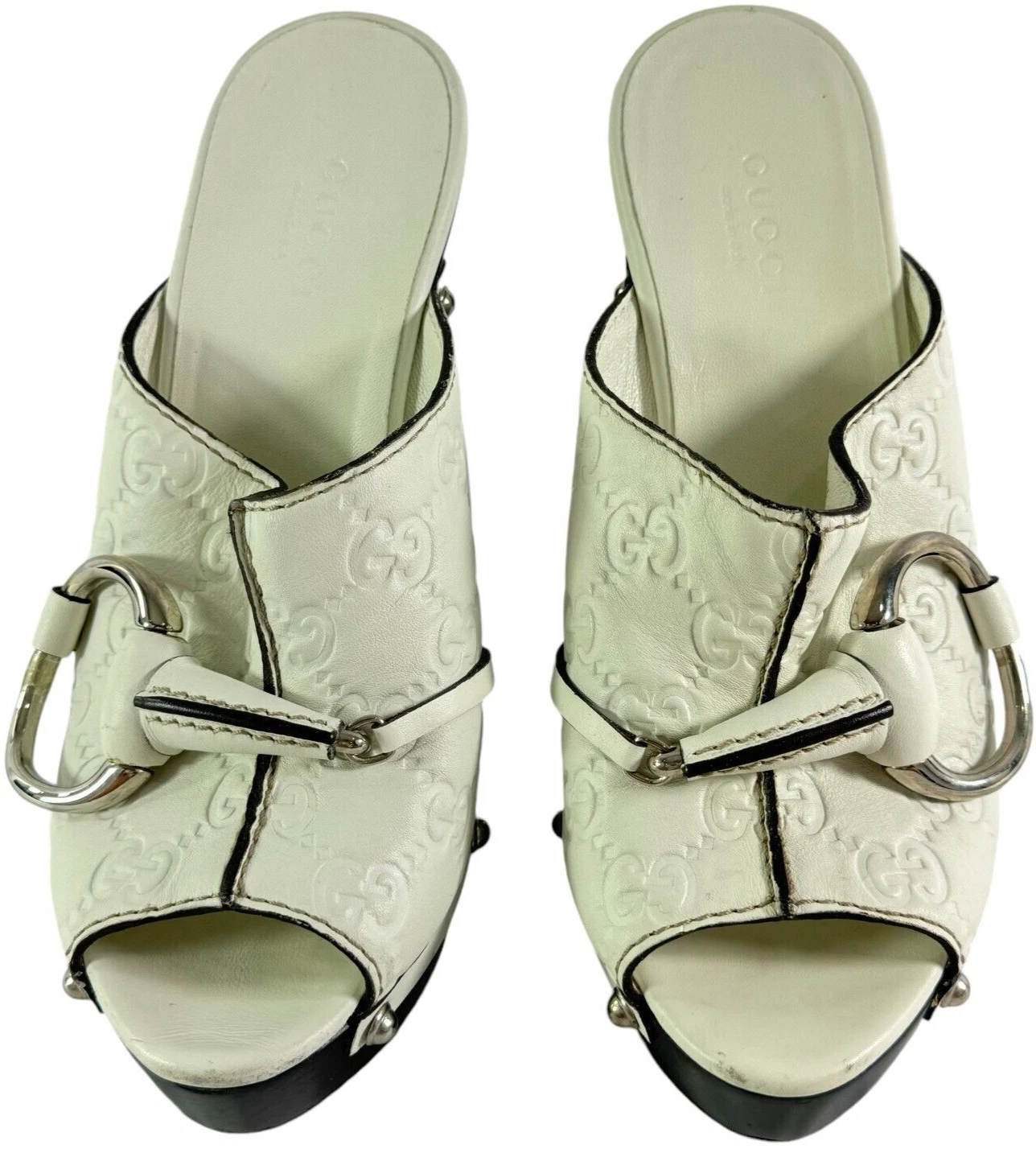 Sabots plateforme GUCCI cuir blanc Guccissima Horsebit Italie marqués 34,5 4,5
