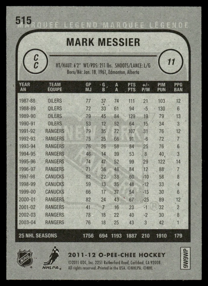 2011-12 O-Pee-Chee MARQUEE LEGEND Mark Messier New York Rangers #515 - Image 2 of 2