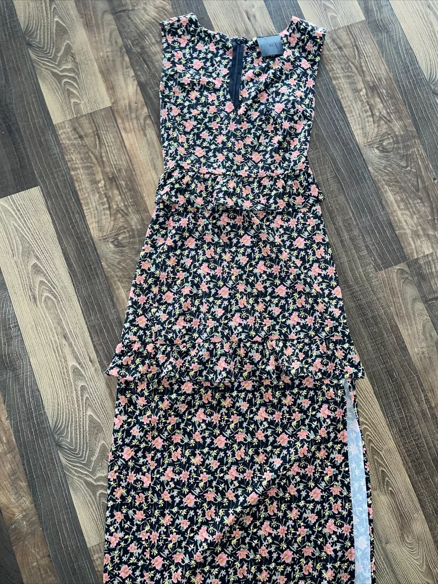 Nightwalker Black Floral Printed Ruffled Deep V Neckline Elsa Maxi