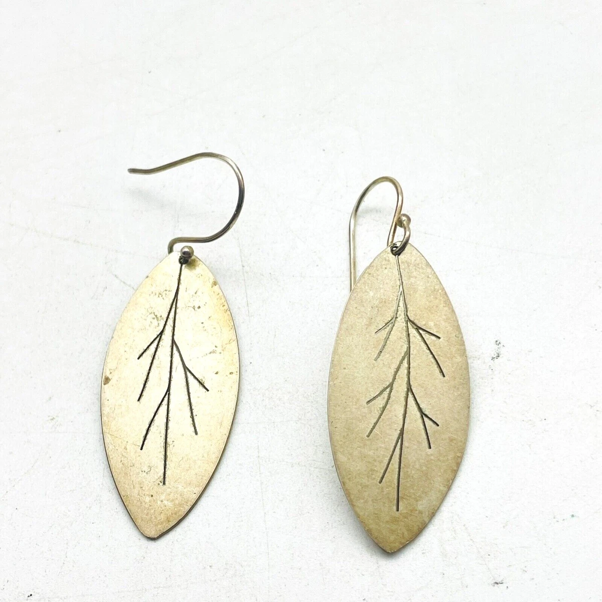 Brass Olive Leaf Cutout Vein Pierce Earrings Boho Nature Garden
