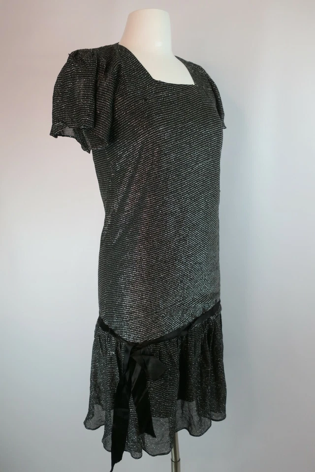 VTG 60s Jackie-O Ruffle Sheath Dress 20s Metallic Lame Art Deco Drop Waist Sz 7 - Image 3 of 4