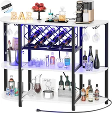 Bar Table Cabinet with Charging Station,Wine Rack Table with LED Light and Stora