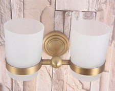 Antique Brass Bathroom Wall Mounted 2 Scrub Glass Cup Toothbrush Holder 2ba739