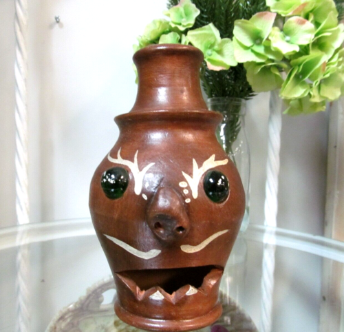 Vintage Chiminea Incense Burner Terra Cotta Green Glass Eye Tiki Face Mid Cent - Picture 1 of 5