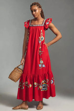 Farm Rio Embroidered Dress Square Neck Anthropologie Folklore Boho Linen S NEW