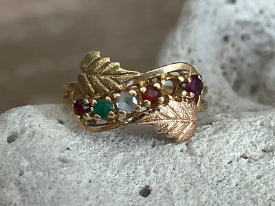 Vintage 14K Two-tone Gold Aquamarine, Ruby, Garnet, Emerald Ring Size 6.25